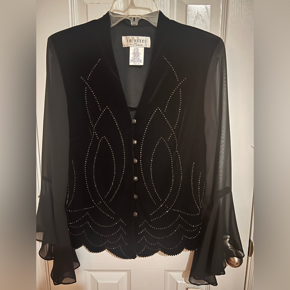 J.R. Nites Size 10 NEW Elegant Black Button Down Sheer Sleeve Blouse